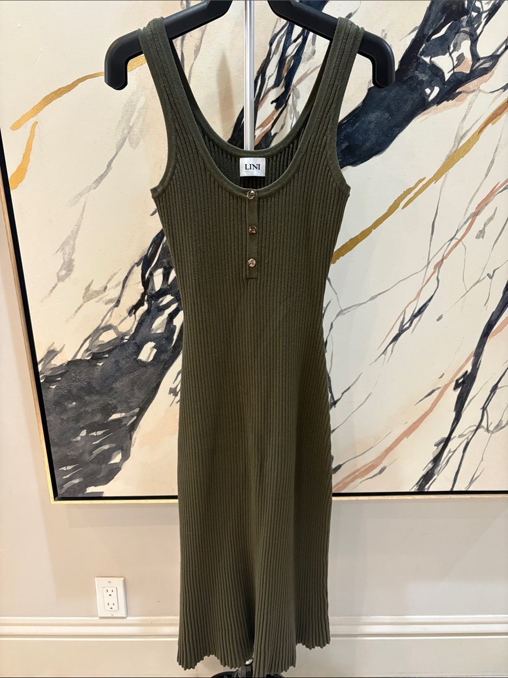 LINI Olive Green Ribbed Tank Midi Dress with Button Placket